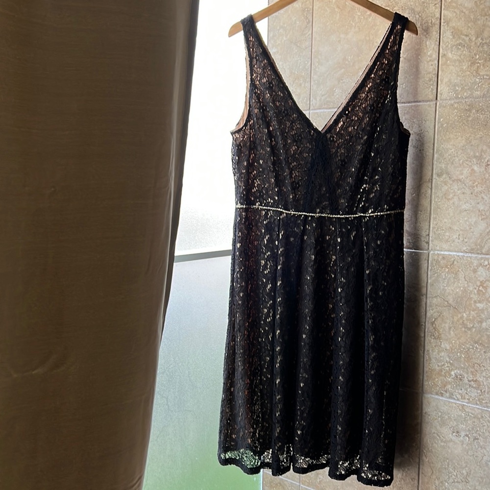 Adrianna Papell Lace Dress —rhinestone waist, lined, size 16